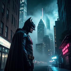 Robert Pattinson as Batman. Dark alley setting with neon lights. Gotham City backdrop.