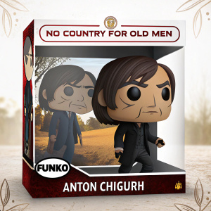 Vinyl figure of Anton Chigurh from 'No Country for Old Men'. Detailed packaging design. Funko logo prominently displayed.
