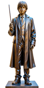 A bronze statue of a handsome slender tanned 30-year-old man with short hair, dressed in Hogwarts uniform, holding a magic wand in his right hand