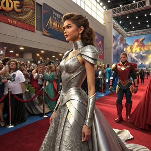 Zendaya, wearing a silver armor-like gown, at Comic-Con event. Crowded venue with cosplayers and enthusiasts.