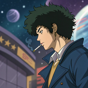 Digital illustration featuring Spike Spiegel from Cowboy Bebop. Spiky hairstyle, smoking cigarette. Vibrant, blurred, space-themed background. Anime style