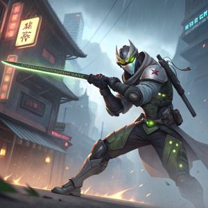 Digital art of Overwatch featuring Genji wielding his Blackwatch sword. High detail, action-packed scene.