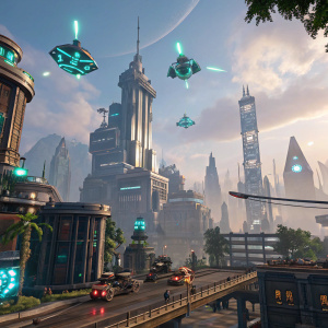 Gameplay screenshot from Ratchet & Clank: A Rift Apart. Futuristic cityscape, user interface with geometric shapes, blue and green accents.