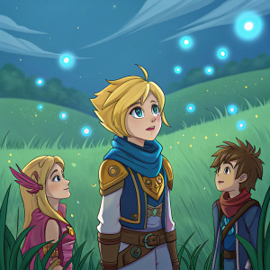 Ezreal, Lux, and Sylas in a serene, magical world. Digital painting style, colorful illustration. Lux in focus, surrounded by friends. Background is lush green fields with glowing blue lights.