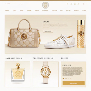 Official Versace website showcasing luxury goods. High-end fashion, handbags, footwear, and fragrances. Elegant, minimalist design. Beige and gold color scheme.