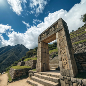 Ancient stone gateway in Machu Picchu. Intricate carvings. Vibrant blue sky with fluffy white clouds.