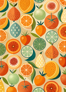 minimalist graphic pattern of fruits, using simple shapes, Modern Ukiyo-e style woodcut, maximise the negative space, vivid pastels