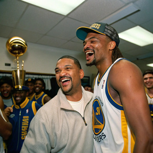 Mark Jackson and Latrell Sprewell in a locker room. Celebrating a victory. Teammates in background.