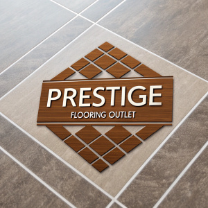 Prestige Flooring Outlet's sleek logo, featuring a brown grid pattern and matching font. Contemporary design, ideal for digital platforms.