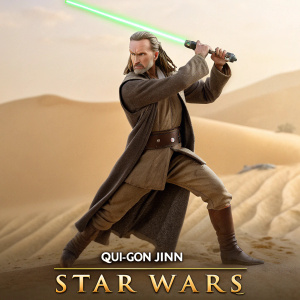 High-quality photo of Qui-Gon Jinn action figure, dueling pose. Set against sandy dunes of Tatooine. Star Wars logo prominently displayed at the bottom.