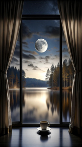 dark night window open curtain, coffee, full moon, still water, forest, dark night, midnight black 