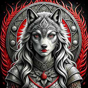 Nordic Godness Ylva She-Wolf - perfect realistic art, high-definition grey and black, white background tattoo design