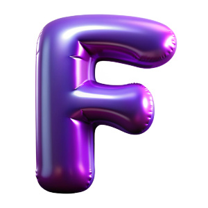 Balloon letter F lowercase. 3D render of glossy violet inflated font with glint isolated on white background.