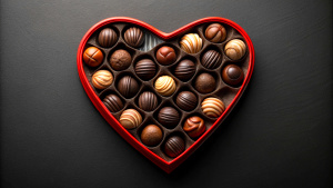 Heart shaped box with tasty chocolate candies on black background