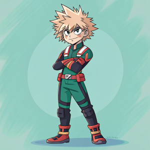 Katsuki Bakugou, from My Hero Academia, with spiked hair and fierce look. In vibrant colors, soft pastel background.