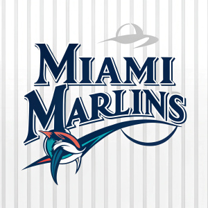 Logo of the Miami Marlins, elegant font, dark blue color, dynamic design, striped background