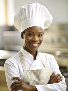 african american young women chef in a chef's hat with arms crossed wears apron standing in restaurant kitchen and smiling