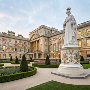 In the grand courtyard of Buckingham Palace, a towering marble statue of Queen Elizabeth II stands majestically. The palace's exterior is adorned with intricate floral patterns and vibrant colors, creating a scene of regal splendor.