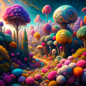 A forest full of colorful flowers and giant candy trees