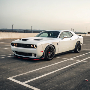 White Dodge Challenger SRT Hellcat, sleek and modern. Angular lines, distinctive front grille, LED headlights. Empty parking lot background