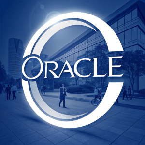 A sleek, contemporary logo for Oracle Corporation. Bright white circular shape with intricate text design in bold sans-serif font on deep blue background.