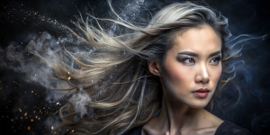 a close up of a person with hair blowing in the wind, anja millen, discord profile picture, connectedness, background ( dark _ smoke ), unmasked, jinsung lim, saatchi art, particle, widowmaker, discord