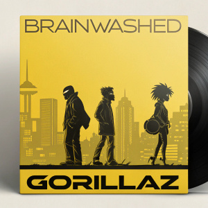Modern graphic design for 'Brainwashed' album by Gorillaz. Vibrant yellow theme, CD illustration with band member silhouettes, urban cityscape backdrop, sleek font detailing track listings and album info.