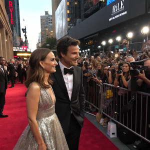 Natalie Portman and Jason Bateman at the New York City premier. They both are dressed up, Portman in a shimmering silver gown and Bateman in a black tuxedo. The scene is bustling with paparazzi and fans.