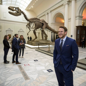 Chris Pratt, dressed in a navy blue suit, posing with other celebrities. Paleontological exhibit hall. Giant T-Rex statue and marble flooring