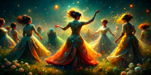 There are elegant women in floral dresses. They are at the wedding. countryside wedding. They are dancing. They dance halay by forming a circle.