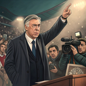 Carlo Ancelotti, an older man with a stern expression, standing at a press conference. He gestures with his hand. A sea of reporters and cameras in the background.