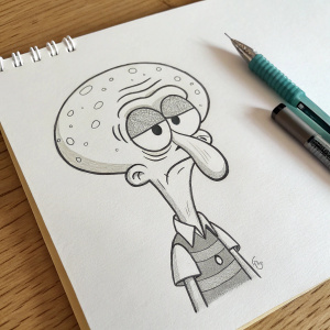 A sketch of Squidward from SpongeBob SquarePants. Pencil on white paper. Minimalist drawing, focusing on the face.
