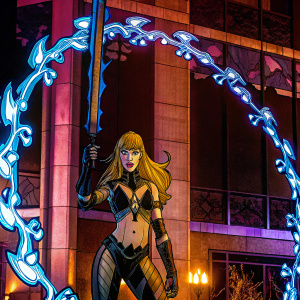Magik, from the X-Men comics, wielding her iconic Soulsword. Long blonde hair, fierce expression, and a futuristic combat outfit with intricate details. The backdrop features a fiery, blue flame-like effect surrounding her.