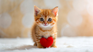 Small red striped kitten with red heart. Love pets, adoption, donation, Valentines Day card