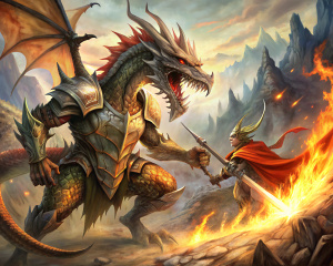 A knight fights with a dragon, knight, fight, monster