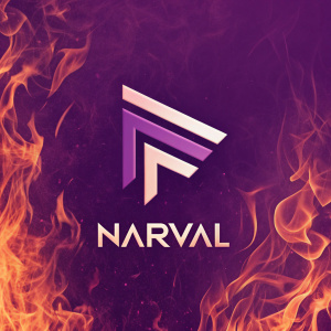 A logo featuring a stylized 'F' with fiery, flame-like textures. Dominated by shades of purple and warm hues, it contrasts with the straightforward sans serif font 'NARVAL'. Designed for a bold, contemporary, and memorable brand identity.