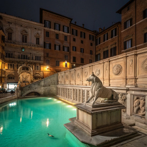 The Fonte Gaia fountain in Siena, Italy at night. The she-wolf statue is intricately carved and illuminated. A large, turquoise pool of water reflects the surrounding architecture and the she-wolf.