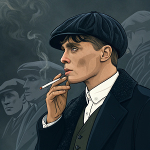 Tommy Shelby, intense stare, cigarette held between fingers. Dark, moody background with partial figures of other characters. Stylized digital art