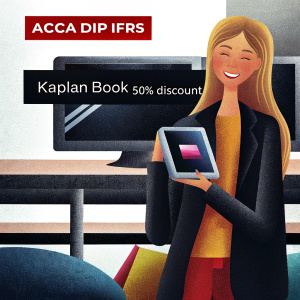 Advertisement for ACCA Dip IFRS Courses and Kaplan eBooks. Featuring a young, friendly, blonde woman. Offering 50% discount. Website and contact number provided.