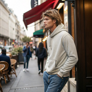 Jordan Barrett, wearing a casual hoodie and jeans, outside a bustling cafe. People walking by, busy street background.