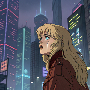 Ryo Asuka from 'Devilman Crybaby', with long blonde hair and a distressed look, standing in front of a cyberpunk cityscape, digital artwork.