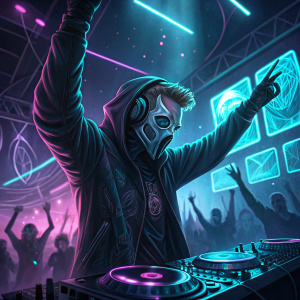 Nicky Romero, DJ, wearing a futuristic mask. Arms raised, surrounded by neon lights and abstract electronic sculptures. Nightclub atmosphere