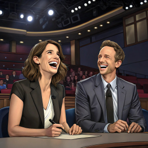 Cobie Smulders and Seth Meyers laughing during a taping of Late Night. Studio audience in the background.