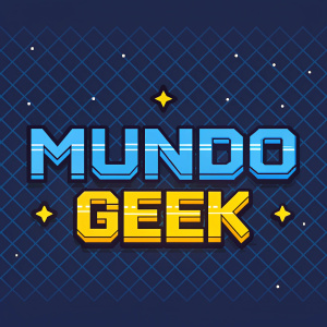 An animated gif showcasing a logo for 'MUNDO GEEK'. Retro pixel art style, with blocky text in vibrant blue and yellow on a dark blue background adorned with a grid pattern. The design captures the essence of classic video games, evoking a sense of nostalgia and playfulness.