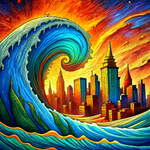 Cartoon style image of a tsunami towards a city