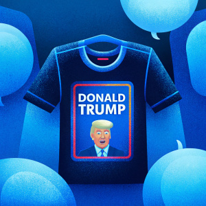 Cartoon illustration featuring a black t-shirt with Donald Trump's face. Speech bubble with witty commentary on political discourse.