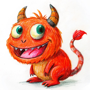 cute little red monster, mean, sticking out his tongue, brown horns on top and two ears brown inside, from right side