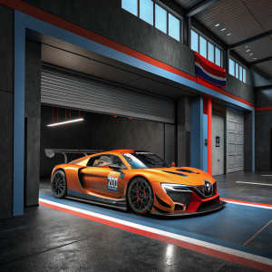 Orange Renault Sport RS01 racing car in a sleek, modern garage. Black interior, blue and red accents