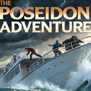 Movie poster for 'The Poseidon Adventure'. Dynamic scene with boat in peril, characters in various states of action and emotion.