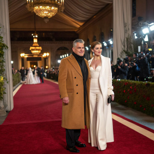 Ray Liotta and Donna Mario at a glamorous fashion gala. Ray Liotta in a brown coat, Donna Mario in white attire. Lavish red carpet setting.